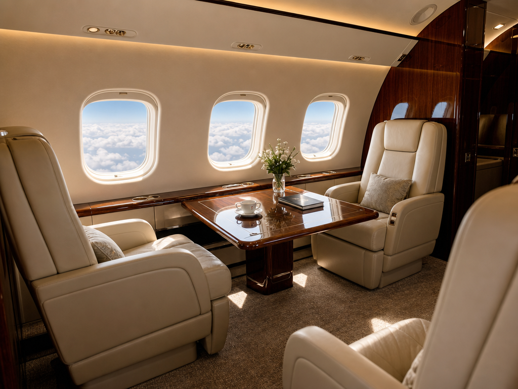 Private jet cabin interior with cream leather seating
