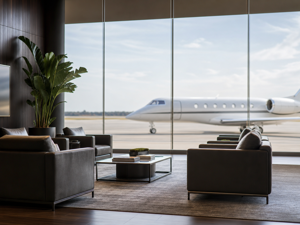 Private aviation terminal lounge with a jet visible through the window