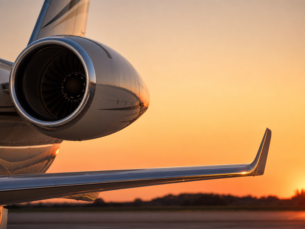 Private jet wing and engine detail at sunset