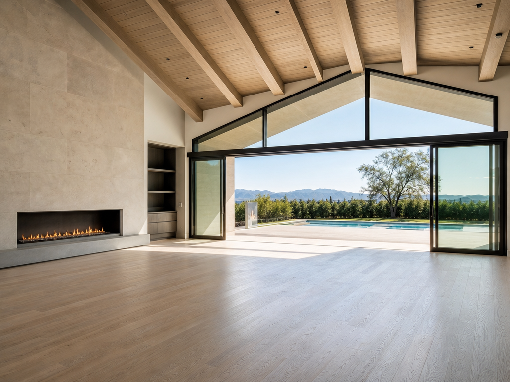 Luxury home great room with vaulted ceiling and custom millwork