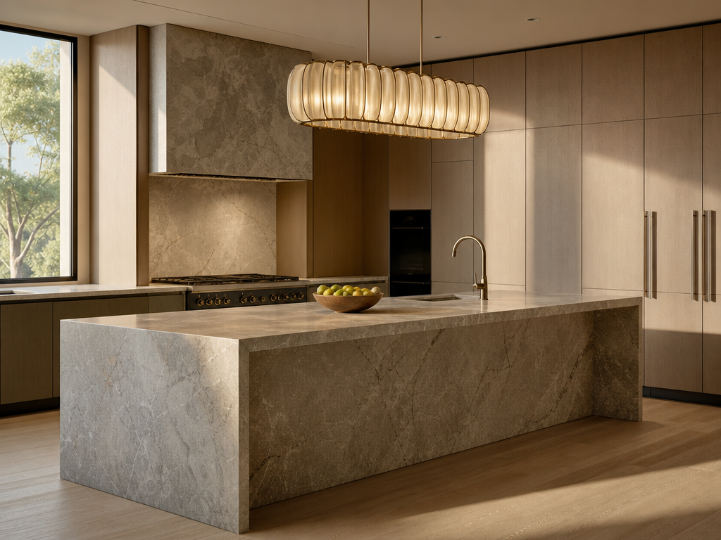 Custom kitchen detail with natural stone island and brass fixtures