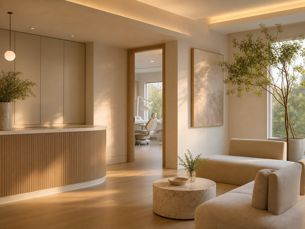 Dental practice reception area with warm wood paneling