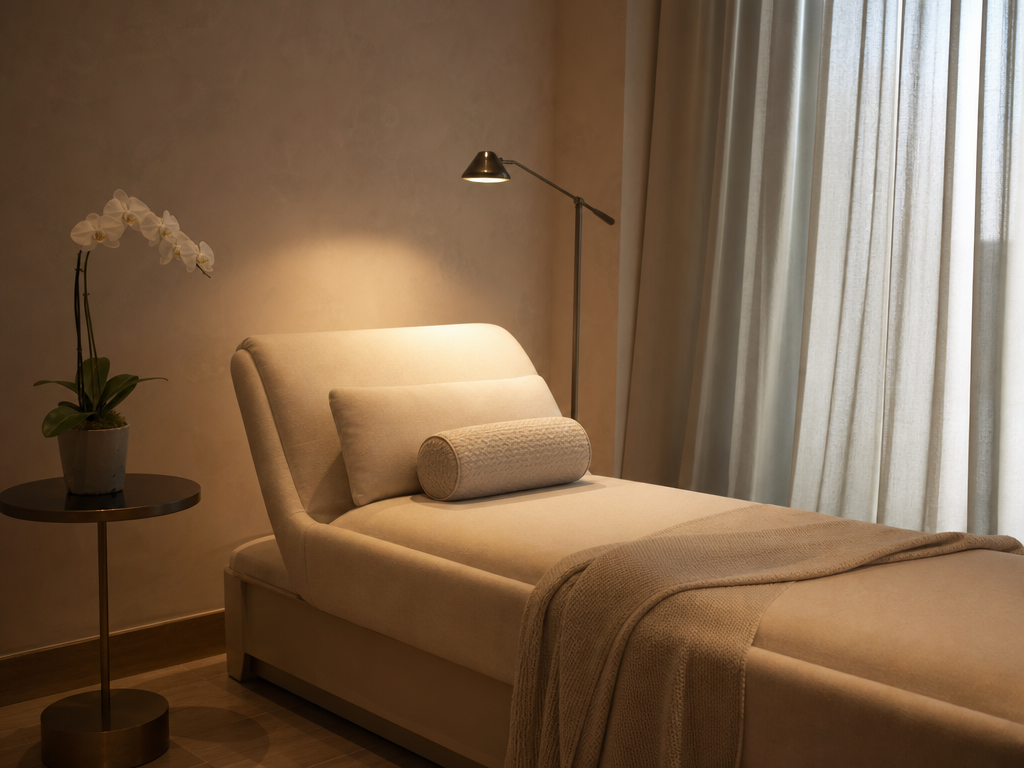 Private recovery suite with daybed and orchid arrangement