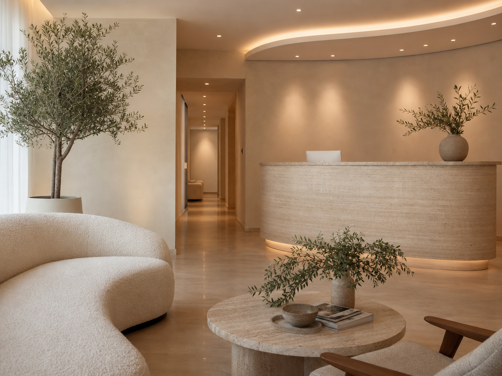 Waiting lounge with travertine reception desk