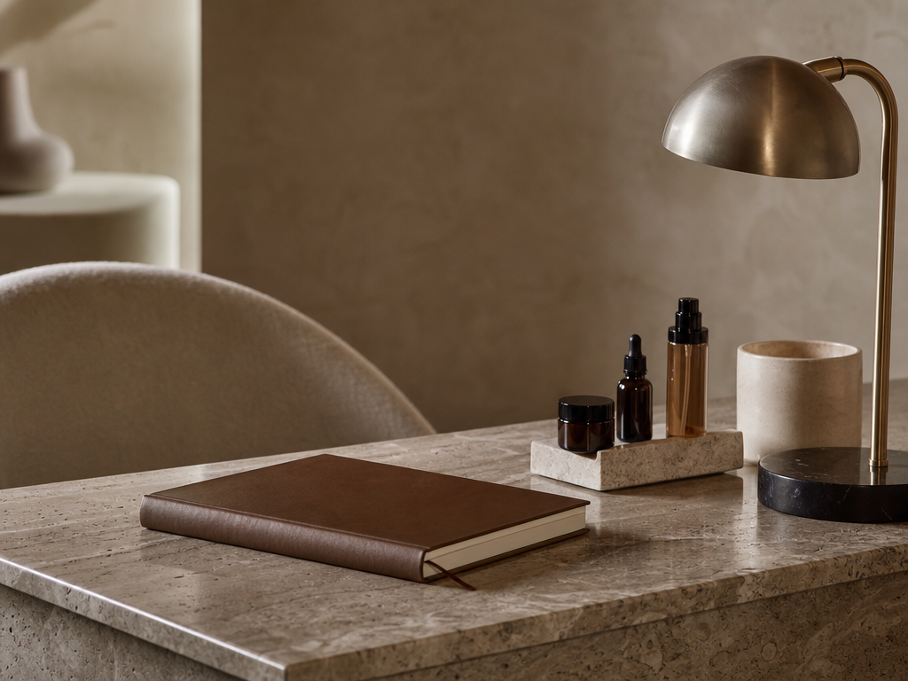 Consultation desk detail with leather notebook and skincare tray