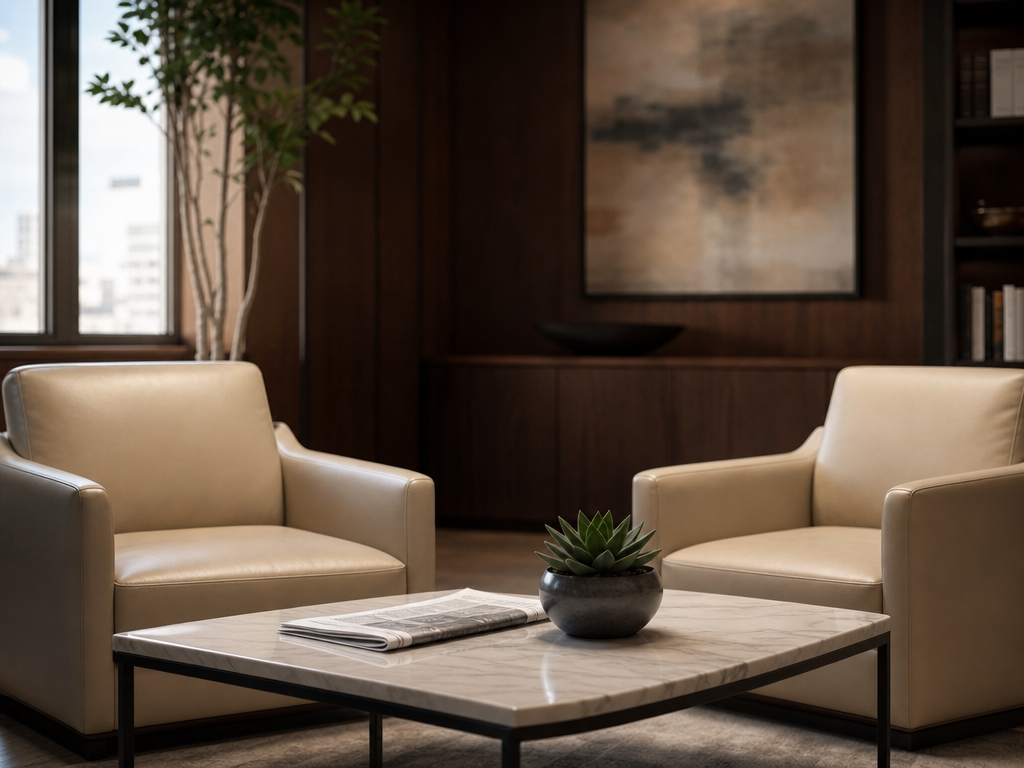 Private wealth management office with city view and walnut desk