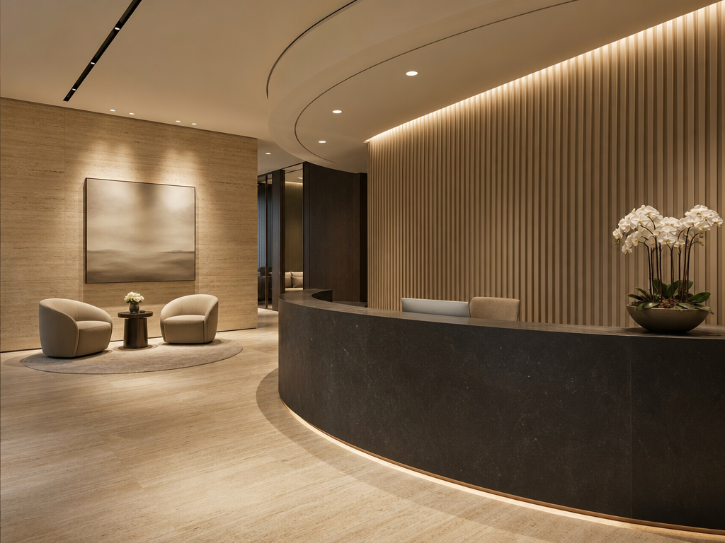 Family office reception area with marble and warm lighting