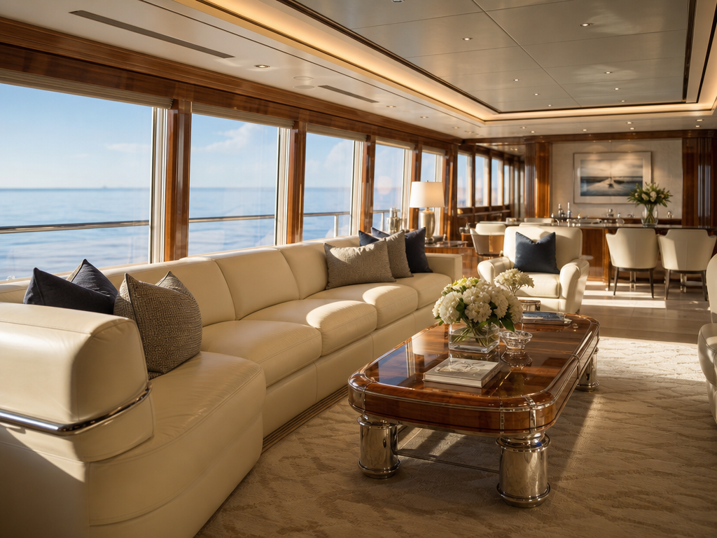 Yacht salon interior with cream leather seating and teak detailing