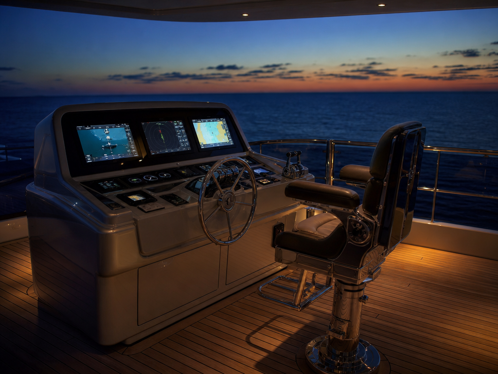 Yacht flybridge helm station at dusk