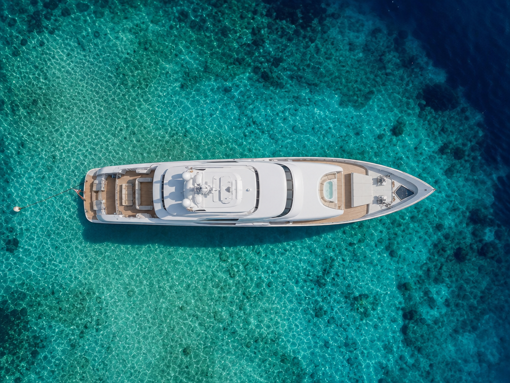 Aerial view of a yacht at anchor over turquoise shallow water