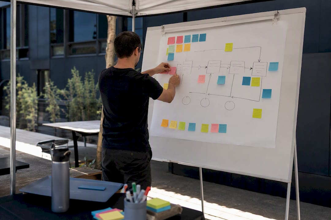Hands arranging onboarding workflow sticky notes