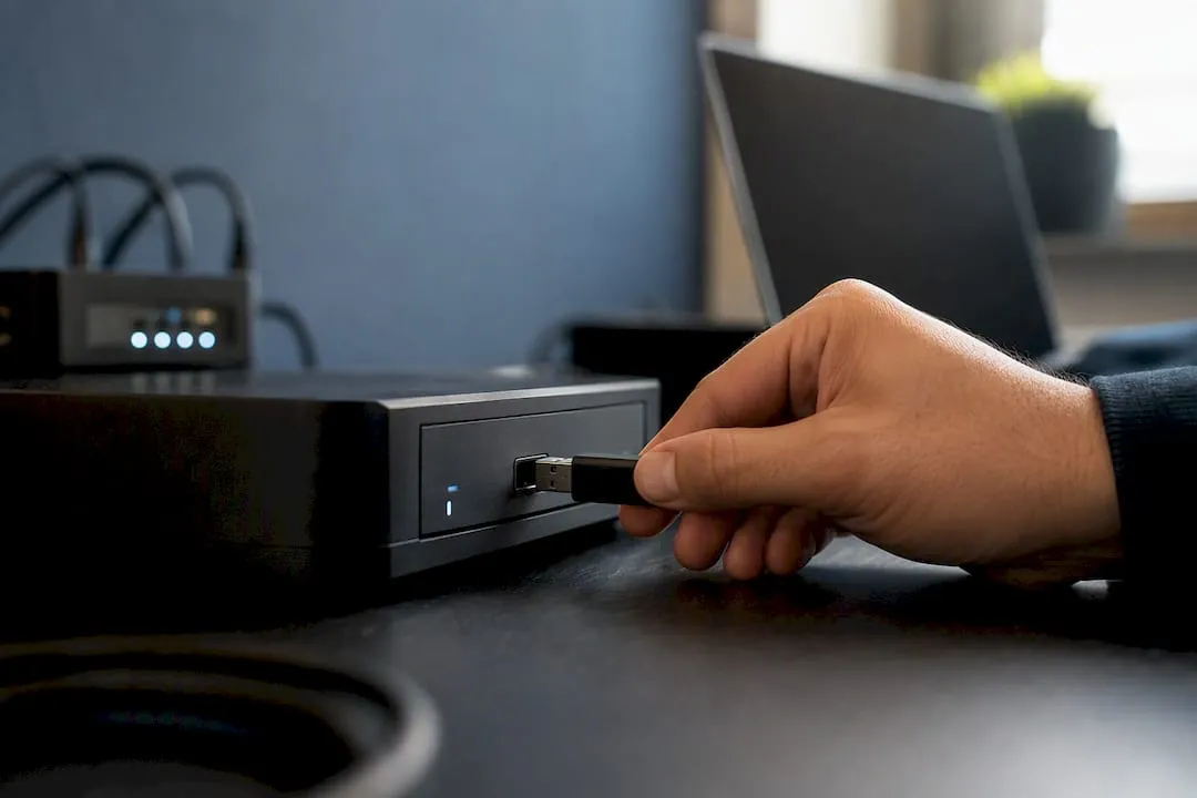 Hands connecting backup drive for data migration