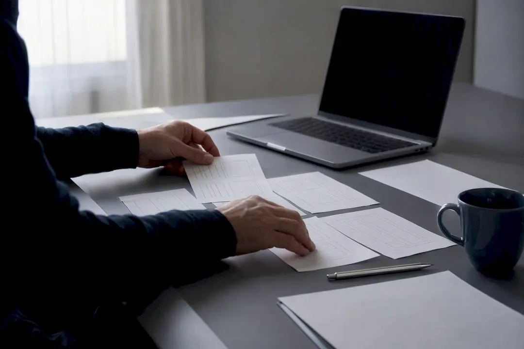 Hands arranging site build wireframes on desk
