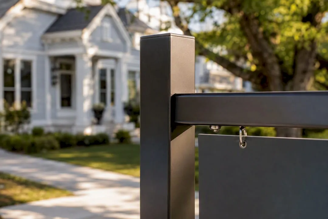 Close-up of real estate signpost detail outdoors