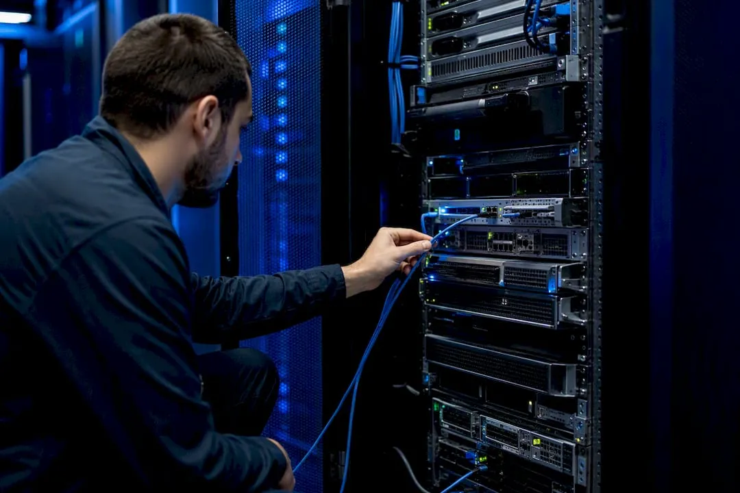 Hands plugging network cable into server rack