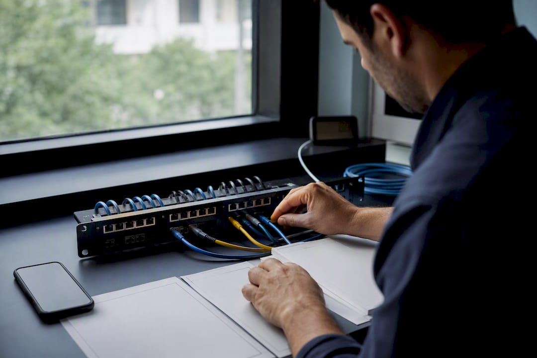 Hands wiring network cables at desk