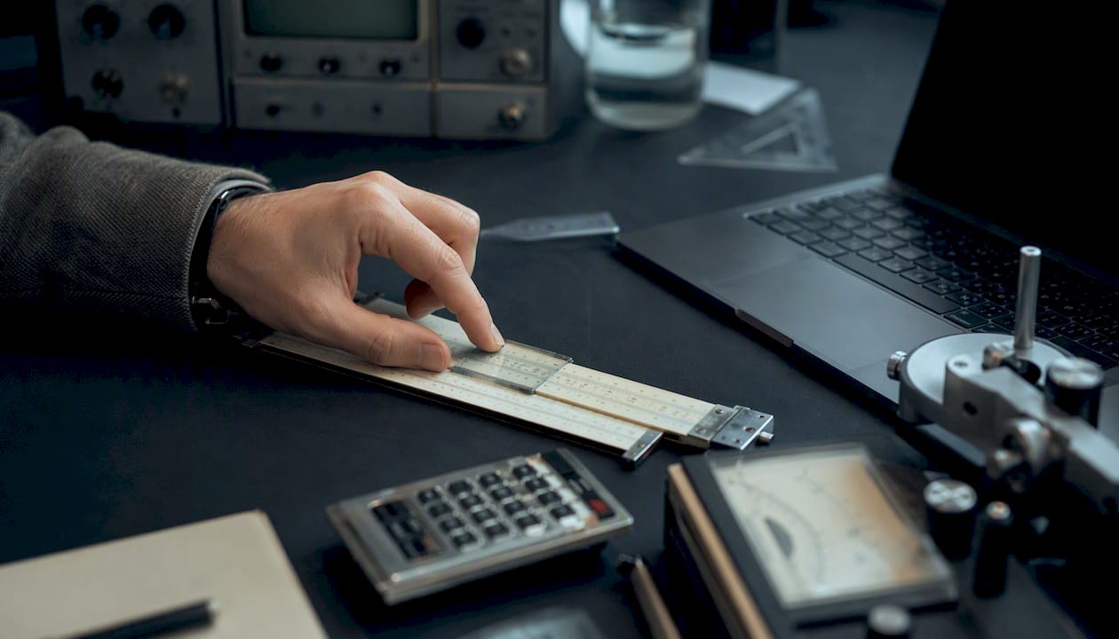 Hand using slide rule next to conversion chart