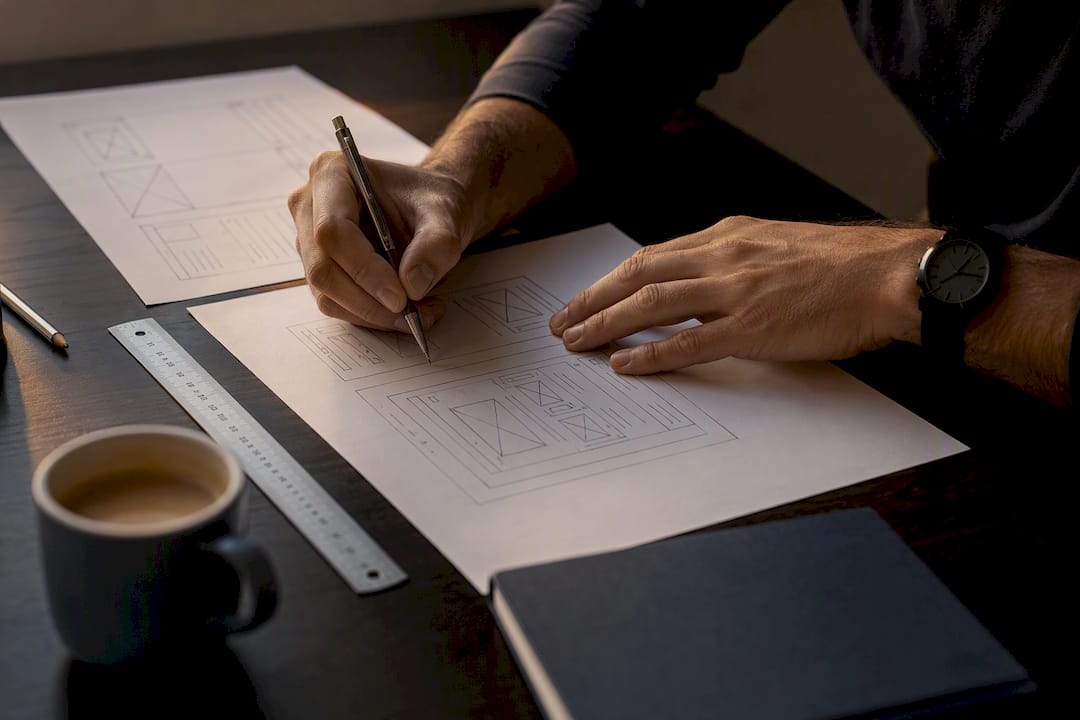 Hands sketching website wireframes on desk