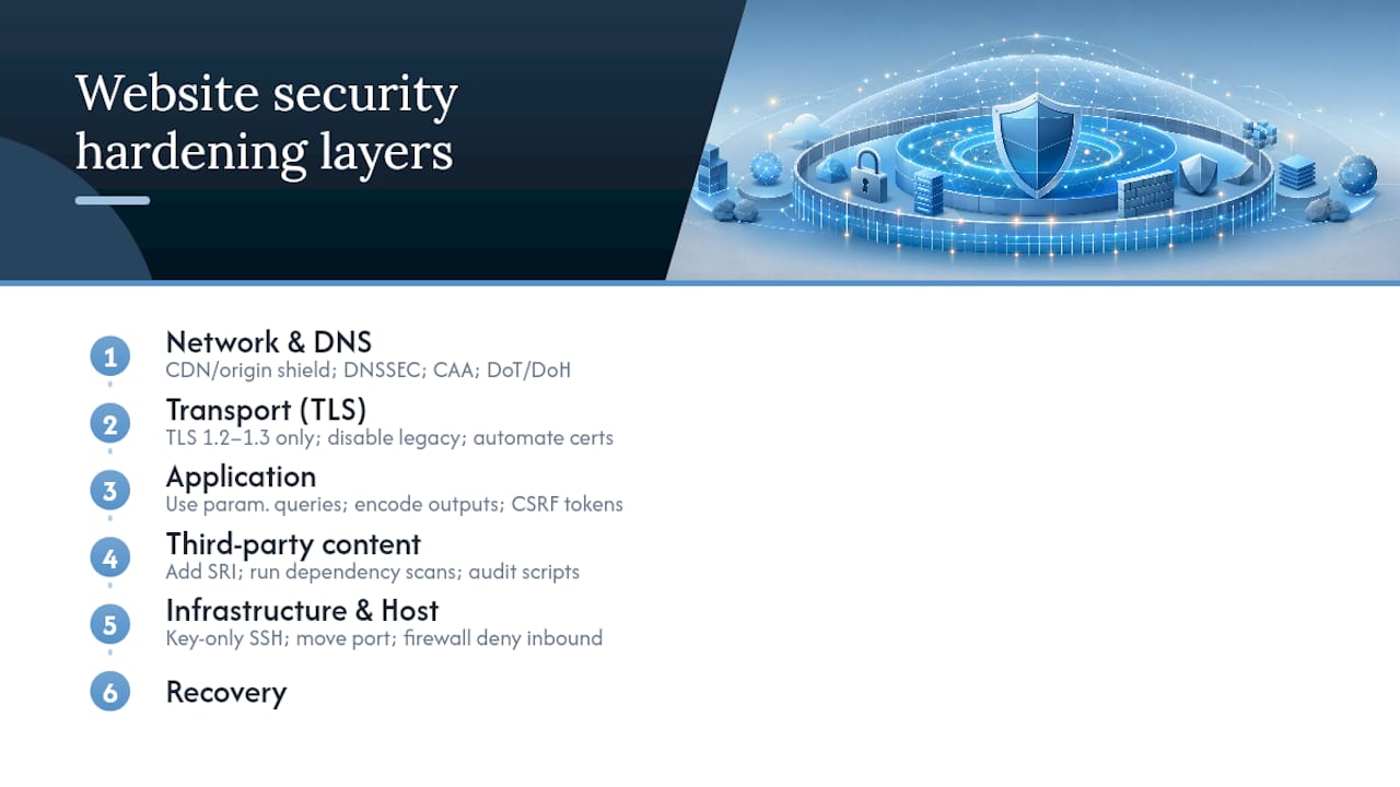 Diagram of six layered website security hardening checklist