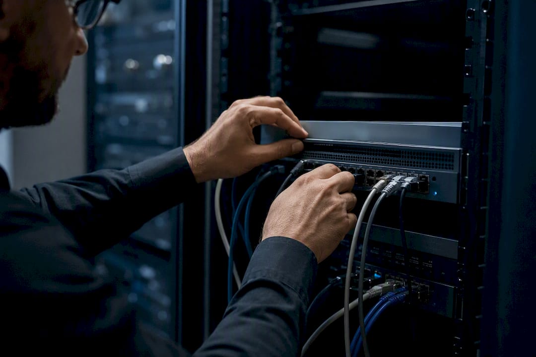 Hands configuring firewall device in server room